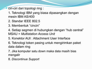  ciri-ciri dari topologi ring :
1. Teknologi IBM yang biasa dipasangkan dengan
mesin IBM AS/400
2. Standar IEEE 802.5
3. Membentuk “cincin”
4. Setiap segmen di hubungkan dengan “hub central”
MSAU = Multistation Access Unit
5. Konektor AUI : Attachment User Interface
6. Teknologi token pasing untuk mengirimkan paket
data dalam ring
7. Jika komputer satu down maka data masih bias
mengalir
8. Discontinue Support
 