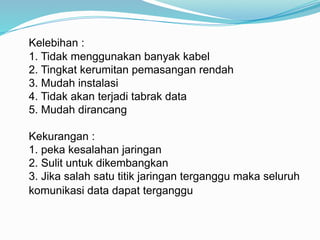 Kelebihan :
1. Tidak menggunakan banyak kabel
2. Tingkat kerumitan pemasangan rendah
3. Mudah instalasi
4. Tidak akan terjadi tabrak data
5. Mudah dirancang
Kekurangan :
1. peka kesalahan jaringan
2. Sulit untuk dikembangkan
3. Jika salah satu titik jaringan terganggu maka seluruh
komunikasi data dapat terganggu
 