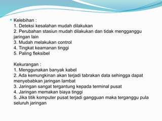  Kelebihan :
1. Deteksi kesalahan mudah dilakukan
2. Perubahan stasiun mudah dilakukan dan tidak mengganggu
jaringan lain
3. Mudah melakukan control
4. Tingkat keamanan tinggi
5. Paling fleksibel
Kekurangan :
1. Menggunakan banyak kabel
2. Ada kemungkinan akan terjadi tabrakan data sehingga dapat
menyebabkan jaringan lambat
3. Jaringan sangat tergantung kepada terminal pusat
4. Jaringan memakan biaya tinggi
5. Jika titik komputer pusat terjadi gangguan maka terganggu pula
seluruh jaringan
 