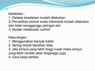 
Kelebihan :
1. Deteksi kesalahan mudah dilakukan
2/ Perubahan bentuk suatu kelompok mudah dilakukan
dan tidak mengganggu jaringan lain
3. Mudah melakukan control
Kekurangan :
1. Menggunakan banyak kabel
2. Sering terjadi tabrakan data
3. Jika simpul yang lebih tinggi rusak maka simpul
yang lebih rendah akan terganggu juga
4. Cara kerja lambat
 
