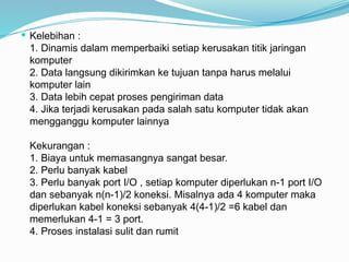  Kelebihan :
1. Dinamis dalam memperbaiki setiap kerusakan titik jaringan
komputer
2. Data langsung dikirimkan ke tujuan tanpa harus melalui
komputer lain
3. Data lebih cepat proses pengiriman data
4. Jika terjadi kerusakan pada salah satu komputer tidak akan
mengganggu komputer lainnya
Kekurangan :
1. Biaya untuk memasangnya sangat besar.
2. Perlu banyak kabel
3. Perlu banyak port I/O , setiap komputer diperlukan n-1 port I/O
dan sebanyak n(n-1)/2 koneksi. Misalnya ada 4 komputer maka
diperlukan kabel koneksi sebanyak 4(4-1)/2 =6 kabel dan
memerlukan 4-1 = 3 port.
4. Proses instalasi sulit dan rumit
 