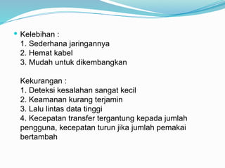  Kelebihan :
1. Sederhana jaringannya
2. Hemat kabel
3. Mudah untuk dikembangkan
Kekurangan :
1. Deteksi kesalahan sangat kecil
2. Keamanan kurang terjamin
3. Lalu lintas data tinggi
4. Kecepatan transfer tergantung kepada jumlah
pengguna, kecepatan turun jika jumlah pemakai
bertambah
 