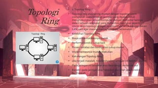 Topologi
Ring
• 1.Topologi Ring
• Topologi ring atau sering disebut dengan topologi cincin
merupakan suatu topologi jaringan yang dipakai untuk
menghubungkan sebuah komputer dengan komputer lainnya
dalam sebuah rangkaian yang berbentuk melingkar seperti
cincin. Jenis topologi jaringan ini umumnya hanya menggunakan
LAN card agar masing-masing komputer terkoneksi.
• KelebihanTopologi Ring
• Biaya untuk instalasinya murah
• Performa koneksi cukup baik
• Proses instalasi dan konfigurasi cukup mudah
• Implementasinya mudah dilakukan
• KekuranganTopologi Ring
• Jika terjadi masalah, troubleshooting jaringan ini terhitung rumit
• Pada jaringan ini tabrakan arus data sangat rentan terjadi
• Koneksi pada jaringan akan terputus jika salah satu koneksi
bermasalah
 