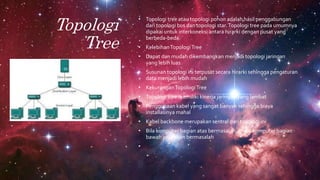 Topologi
Tree
• Topologi tree atau topologi pohon adalah hasil penggabungan
dari topologi bus dan topologi star.Topologi tree pada umumnya
dipakai untuk interkoneksi antara hirarki dengan pusat yang
berbeda-beda.
• KelebihanTopologiTree
• Dapat dan mudah dikembangkan menjadi topologi jaringan
yang lebih luas
• Susunan topologi ini terpusat secara hirarki sehingga pengaturan
data menjadi lebih mudah
• KekuranganTopologiTree
• Topologi tree memiliki kinerja jaringan yang lambat
• Penggunaan kabel yang sangat banyak sehingga biaya
installasinya mahal
• Kabel backbone merupakan sentral dari topologi ini
• Bila komputer bagian atas bermasalah, maka komputer bagian
bawah juga akan bermasalah
•
 