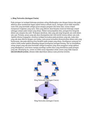 c. Ring Networks (Jaringan Cincin)

Pada jaringan ini terdapat beberapa peralatan saling dihubungkan satu dengan lainnya dan pada
akhirnya akan membentuk bagan seperti halnya sebuah cincin. Jaringan cincin tidak memiliki
suatu titik yang bertindak sebagai pusat ataupun pengatur lalu lintas data, semua simpul
mempunyai tingkatan yang sama. Data yang dikirim akan berjalan melewati beberapa simpul
sehingga sampai pada simpul yang dituju. Dalam menyampaikan data, jaringan bisa bergerak
dalam satu ataupun dua arah. Walaupun demikian, data yang ada tetap bergerak satu arah dalam
satu saat. Pertama, pesan yang ada akan disampaikan dari titik ketitik lainnya dalam satu arah.
Apabila ditemui kegagalan, misalnya terdapat kerusakan pada peralatan yang ada, maka data
yang ada akan dikirim dengan cara kedua, yaitu pesan kemudian ditransmisikan dalam arah yang
berlawanan, dan pada akhirnya bisa berakhir pada tempat yang dituju. Konfigurasi semacam ini
relative lebih mahal apabila dibanding dengan konfigurasi jaringan bintang. Hal ini disebabkan,
setiap simpul yang ada akan bertindak sebagai komputer yang akan mengatasi setiap aplikasi
yang dihadapinya, serta harus mampu membagi sumber daya yang dimilikinya pada jaringan
yang ada. Disamping itu, sistem ini lebih sesuai digunakan untuk sistem yang tidak terpusat
(decentralized-system), dimana tidak diperlukan adanya suatu prioritas tertentu.




                               Ring Networks (Jaringan Cincin)




                               Ring Networks (Jaringan Cincin)
 