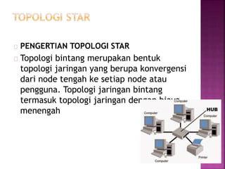 PENGERTIAN TOPOLOGI STAR 
Topologi bintang merupakan bentuk 
topologi jaringan yang berupa konvergensi 
dari node tengah ke setiap node atau 
pengguna. Topologi jaringan bintang 
termasuk topologi jaringan dengan biaya 
menengah 
 