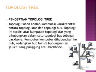 PENGERTIAN TOPOLOGI TREE 
Topologi Pohon adalah kombinasi karakteristik 
antara topologi star dan topologi bus. Topologi 
ini terdiri atas kumpulan topologi star yang 
dihubungkan dalam satu topologi bus sebagai 
backbone. Komputer-komputer dihubungkan ke 
hub, sedangkan hub lain di hubungkan sebagai 
jalur tulang punggung atau backbone. 
 