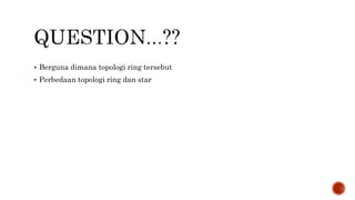  Berguna dimana topologi ring tersebut 
 Perbedaan topologi ring dan star 
