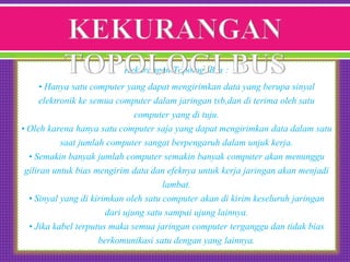 Kekurangan Topologi Bus :
• Hanya satu computer yang dapat mengirimkan data yang berupa sinyal
elektronik ke semua computer dalam jaringan tsb,dan di terima oleh satu
computer yang di tuju.
• Oleh karena hanya satu computer saja yang dapat mengirimkan data dalam satu
saat jumlah computer sangat berpengaruh dalam unjuk kerja.
• Semakin banyak jumlah computer semakin banyak computer akan menunggu
giliran untuk bias mengirim data dan efeknya untuk kerja jaringan akan menjadi
lambat.
• Sinyal yang di kirimkan oleh satu computer akan di kirim keseluruh jaringan
dari ujung satu sampai ujung lainnya.
• Jika kabel terputus maka semua jaringan computer terganggu dan tidak bias
berkomunikasi satu dengan yang lainnya.
 