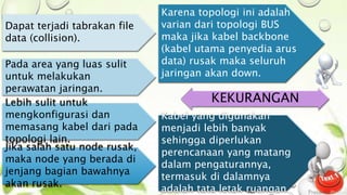 Pada area yang luas sulit 
untuk melakukan 
perawatan jaringan. 
Karena topologi ini adalah 
varian dari topologi BUS 
maka jika kabel backbone 
(kabel utama penyedia arus 
data) rusak maka seluruh 
jaringan akan down. 
Dapat terjadi tabrakan file 
data (collision). 
Lebih sulit untuk 
mengkonfigurasi dan 
memasang kabel dari pada 
topologi lain. 
Jika salah satu node rusak, 
maka node yang berada di 
jenjang bagian bawahnya 
akan rusak. 
KEKURANGAN 
Kabel yang digunakan 
menjadi lebih banyak 
sehingga diperlukan 
perencanaan yang matang 
dalam pengaturannya, 
termasuk di dalamnya 
adalah tata letak ruangan. 
 
