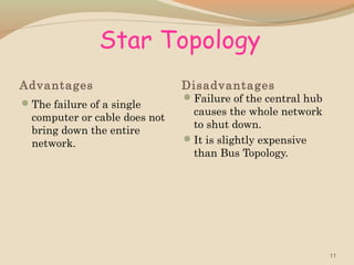Star Topology
Advantages                     Disadvantages
                               Failure of the central hub
The failure of a single
                                causes the whole network
  computer or cable does not
                                to shut down.
  bring down the entire
  network.                     It is slightly expensive
                                than Bus Topology.




                                                             11
 