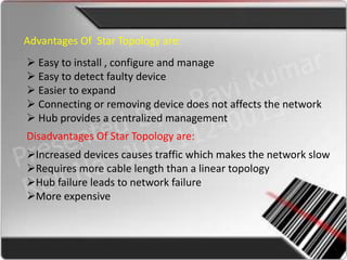 Advantages Of Star Topology are:
 Easy to install , configure and manage
 Easy to detect faulty device
 Easier to expand
 Connecting or removing device does not affects the network
 Hub provides a centralized management
Disadvantages Of Star Topology are:
Increased devices causes traffic which makes the network slow
Requires more cable length than a linear topology
Hub failure leads to network failure
More expensive
 