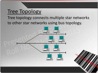 Tree Topology
Tree topology connects multiple star networks
to other star networks using bus topology.
 