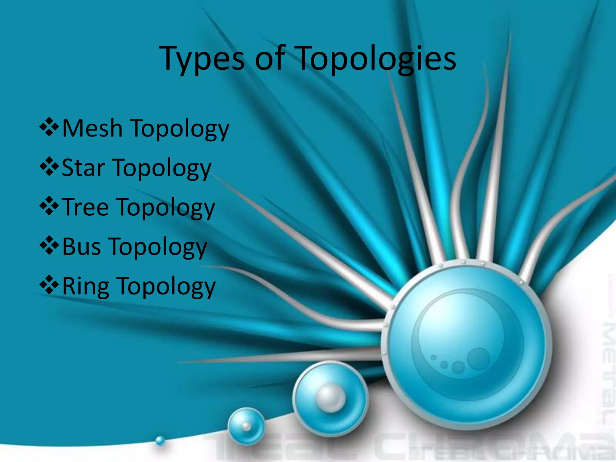 Types of Topologies
Mesh Topology
Star Topology
Tree Topology
Bus Topology
Ring Topology

 