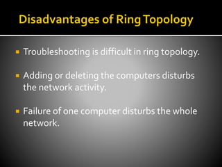  Troubleshooting is difficult in ring topology.
 Adding or deleting the computers disturbs
the network activity.
 Failure of one computer disturbs the whole
network.
 