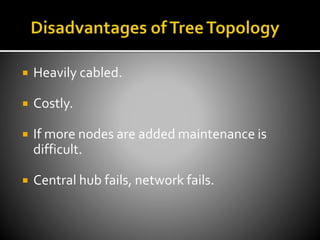  Heavily cabled.
 Costly.
 If more nodes are added maintenance is
difficult.
 Central hub fails, network fails.
 