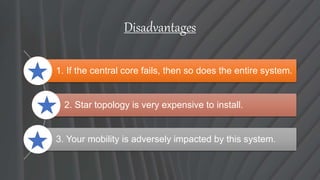 Disadvantages
1. If the central core fails, then so does the entire system.
2. Star topology is very expensive to install.
3. Your mobility is adversely impacted by this system.
 