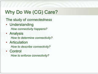 Why Do We (CG) Care?
The study of connectedness
• Understanding
How connectivity happens?
• Analysis
How to determine connectivity?
• Articulation
How to describe connectivity?
• Control
How to enforce connectivity?
 