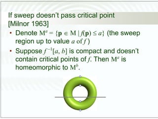 If sweep doesn’t pass critical point
[Milnor 1963]
• Denote Ma
= {p  M | f(p)  a} (the sweep
region up to value a of f )
• Suppose f 1
[a, b] is compact and doesn’t
contain critical points of f. Then Ma
is
homeomorphic to Mb
.
 