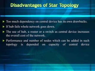  Too much dependency on central device has its own drawbacks.
 If hub fails whole network goes down.
 The use of hub, a router or a switch as central device increases
the overall cost of the network.
 Performance and number of nodes which can be added in such
topology is depended on capacity of central device
 