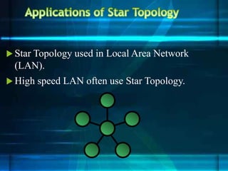  Star Topology used in Local Area Network
(LAN).
 High speed LAN often use Star Topology.
 
