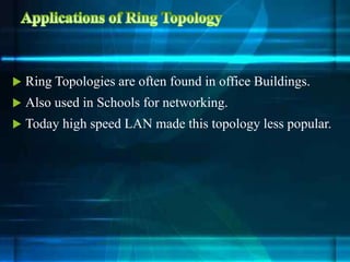  Ring Topologies are often found in office Buildings.
 Also used in Schools for networking.
 Today high speed LAN made this topology less popular.
 