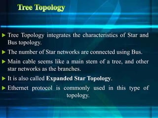  Tree Topology integrates the characteristics of Star and
Bus topology.
 The number of Star networks are connected using Bus.
 Main cable seems like a main stem of a tree, and other
star networks as the branches.
 It is also called Expanded Star Topology.
 Ethernet protocol is commonly used in this type of
topology.
 
