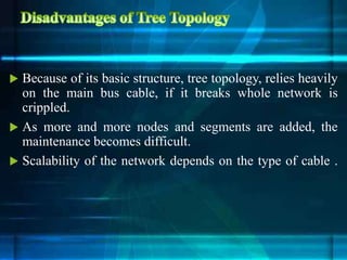  Because of its basic structure, tree topology, relies heavily
on the main bus cable, if it breaks whole network is
crippled.
 As more and more nodes and segments are added, the
maintenance becomes difficult.
 Scalability of the network depends on the type of cable .
 