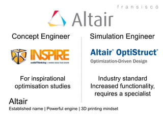 Altair
Established name | Powerful engine | 3D printing mindset
Concept Engineer Simulation Engineer
For inspirational
opt...