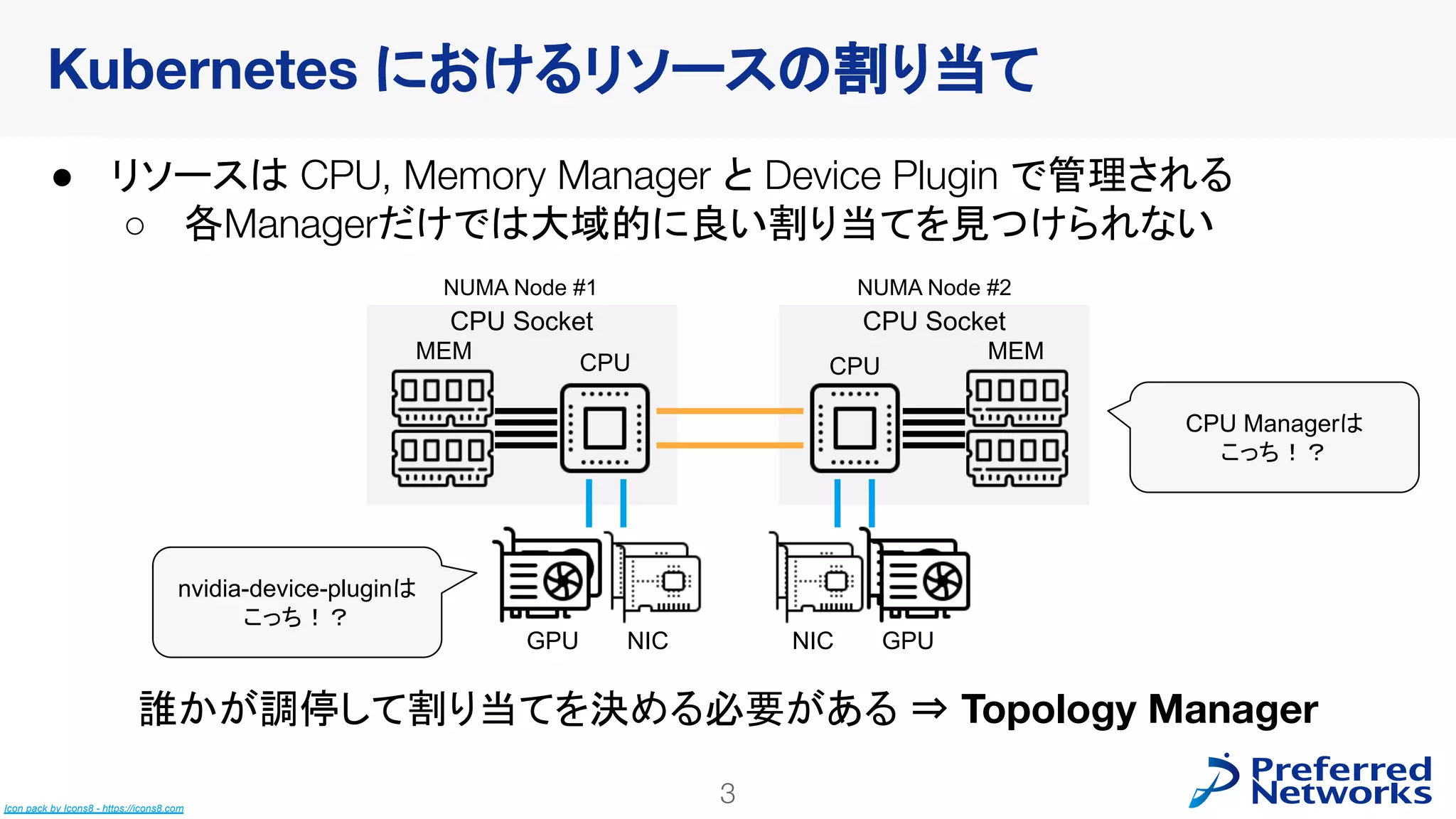 3
● リソースは CPU, Memory Manager と Device Plugin で管理される
○ 各Managerだけでは大域的に良い割り当てを見つけられない
誰かが調停して割り当てを決める必要がある ⇒ Topology Manager
Kubernetes におけるリソースの割り当て
Icon pack by Icons8 - https://icons8.com
CPU Socket
CPU Socket
GPU NIC
MEM CPU CPU
MEM
NIC GPU
CPU Managerは
こっち！？
nvidia-device-pluginは
こっち！？
NUMA Node #1 NUMA Node #2
 