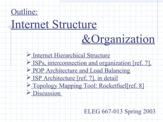Outline:

Internet Structure
&Organization
 Internet Hierarchical Structure
 ISPs, interconnection and organization [ref. 7].
 POP Architecture and Load Balancing
 ISP Architecture [ref. 7]. in detail
 Topology Mapping Tool: Rocketfuel[ref. 8]
 Discussion
ELEG 667-013 Spring 2003

 