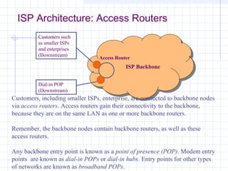 ISP Architecture: Access Routers
Customers such
as smaller ISPs
and enterprises
(Downstream)

Access Router

ISP Backbone
Dial-in POP
(Downstream)

Customers, including smaller ISPs, enterprise, are connected to backbone nodes
via access routers. Access routers gain their connectivity to the backbone,
because they are on the same LAN as one or more backbone routers.
Remember, the backbone nodes contain backbone routers, as well as these
access routers.
Any backbone entry point is known as a point of presence (POP). Modem entry
points are known as dial-in POPs or dial-in hubs. Entry points for other types
of networks are known as broadband POPs.

 