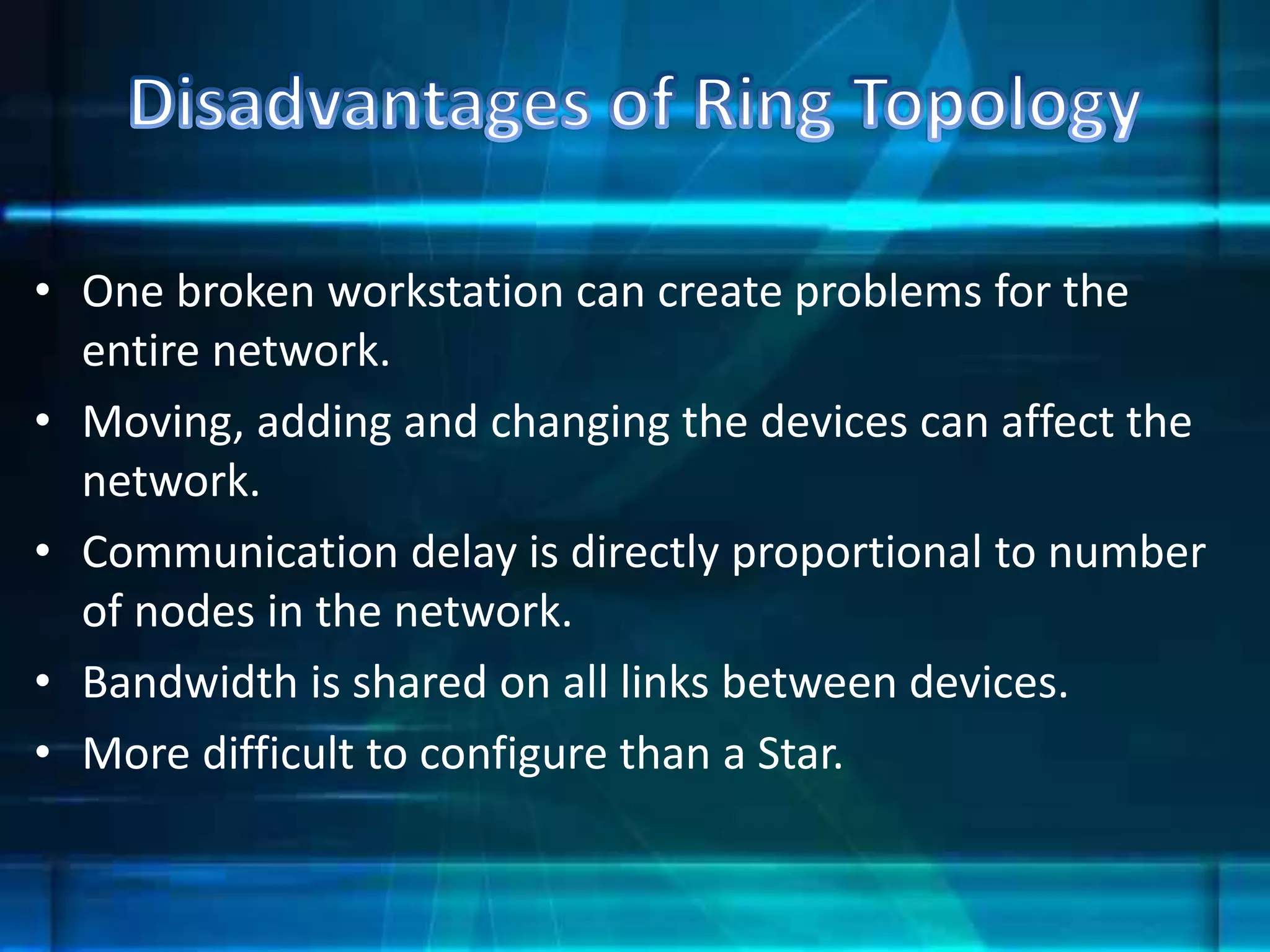 • One broken workstation can create problems for the
entire network.
• Moving, adding and changing the devices can affect the
network.
• Communication delay is directly proportional to number
of nodes in the network.
• Bandwidth is shared on all links between devices.
• More difficult to configure than a Star.
 