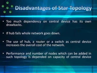 • Too much dependency on central device has its own
drawbacks.
• If hub fails whole network goes down.
• The use of hub, a router or a switch as central device
increases the overall cost of the network.
• Performance and number of nodes which can be added in
such topology is depended on capacity of central device
 