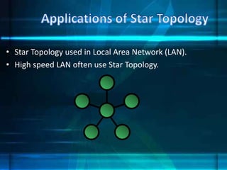 • Star Topology used in Local Area Network (LAN).
• High speed LAN often use Star Topology.
 