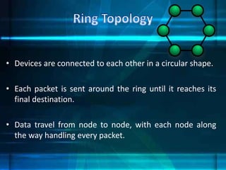 • Devices are connected to each other in a circular shape.
• Each packet is sent around the ring until it reaches its
final destination.
• Data travel from node to node, with each node along
the way handling every packet.
 