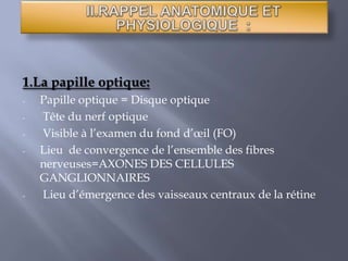 II.RAPPEL ANATOMIQUE ET PHYSIOLOGIQUE  :1.La papille optique:Papille optique = Disque optique