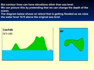 But contour lines can have elevations other than sea level.   We can picture this by pretending that we can change the depth of the ocean.   The diagram below shows an island that is getting flooded as we raise  the water level 10 ft above the original sea level.    
