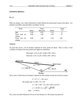 1/12 Topométrie: relevé de terrain avec un niveau Chapitre 1
EXEMPLE RÉSOLU
Ex 1.1
Dans un champ, vous voulez déterminer la dénivellation du terrain pour la pose d'un drain. Les
données recueillies sont présentées au tableau suivant.
Point Visée Angle
Basse Moyenne Haute (°)
BM 0,30 0,70 1,10 0
Point haut du
champ
0,80 1,00 1,20 35
Point bas du
champ
0,60 1,40 2,20 160
Solution:
Ce qu'il faut savoir, c'est la distance séparant les deux points du drain. Pour ce faire, il faut
connaître la distance des deux points par rapport au stadimètre.
Point haut ! D = 1,20 " 0, 80( ) #100 = 40 m
Point bas ! D = 2, 20 " 0, 60( ) #100 =160 m
BM
Point haut
Point bas
Drain
Niveau
c = 160 m
b = 40 m
a = ? m
A
Par la suite, il faut trouver la distance séparant les deux points à l'aide de la loi des cosinus:
a2
= b2
+ c2
! 2bc cos A
En sachant que A =160 ! 35 =125
o
a
2
= 40
2
+160
2
! 2 " 40 " 160 " cos125
o
( )
a2
= 34 542 # a = a2
= 34 542
donc a =186 m
On a donc une dénivellation de 40 cm sur une distance de 186 m pour une pente de:
 