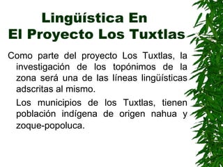 Lingüística En  El Proyecto Los Tuxtlas Como parte del proyecto Los Tuxtlas, la investigación de los topónimos de la zona será una de las líneas lingüísticas adscritas al mismo.  Los municipios de los Tuxtlas, tienen población indígena de origen nahua y zoque-popoluca.   