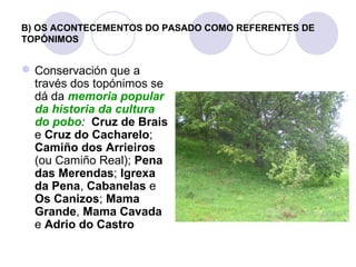 B) OS ACONTECEMENTOS DO PASADO COMO REFERENTES DE
TOPÓNIMOS

 Conservación que a
través dos topónimos se
dá da memoria popular
da historia da cultura
do pobo: Cruz de Brais
e Cruz do Cacharelo;
Camiño dos Arrieiros
(ou Camiño Real); Pena
das Merendas; Igrexa
da Pena, Cabanelas e
Os Canizos; Mama
Grande, Mama Cavada
e Adrio do Castro

 