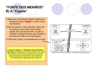 “FONTE DOS MENIÑOS”
B) A “Capela”
 Algúns dos informadores fixeron referencia á
existencia dunha “capela” ó pé da “Fonte
dos Meniños”

 Esto fixo desviar a nosa atención, posto que
os veciños si oíran falar dunha antiga
capela, sita ó pé dunha fonte, na que se
veneraba a Santa Eufemia, pero situábana
en terras de Fafián e non de Argozón

 Fomos ata o lugar, e alí atopámonos con isto:

O paso do tempo e o abandono das tradicións e
dos ritos vencellados a un lugar concreto, son dous
dos factores que inciden na perda da concreción
espazo-temporal característica dos topónimos
e na deturpación significativa dos mesmos

 