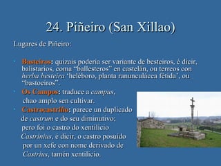 24. Piñeiro (San Xillao)
Lugares de Piñeiro:

•   Basteiros: quizais podería ser variante de besteiros, é dicir,
    balistarios, coma “ballesteros” en castelán, ou terreos con
    herba besteira ‘heléboro, planta ranunculácea fétida’, ou
    “bastoeiros”.
•   Os Campos: traduce a campus,
     chao amplo sen cultivar.
•   Castrocastriño: parece un duplicado
    de castrum e do seu diminutivo;
    pero foi o castro do xentilicio
    Castrinius, é dicir, o castro posuído
     por un xefe con nome derivado de
     Castrius, tamén xentilicio.
 