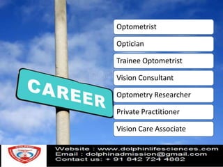 Optometrist
Optician
Trainee Optometrist
Vision Consultant
Optometry Researcher
Private Practitioner
Vision Care Associate
 