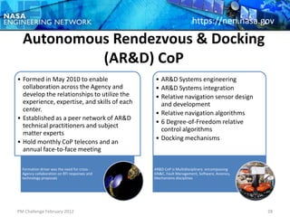 https://nen.nasa.gov

  Autonomous Rendezvous & Docking
           (AR&D) CoP
• Formed in May 2010 to enable                • AR&D Systems engineering
  collaboration across the Agency and         • AR&D Systems integration
  develop the relationships to utilize the    • Relative navigation sensor design
  experience, expertise, and skills of each     and development
  center.
                                              • Relative navigation algorithms
• Established as a peer network of AR&D
                                              • 6 Degree-of-Freedom relative
  technical practitioners and subject
                                                control algorithms
  matter experts
                                              • Docking mechanisms
• Hold monthly CoP telecons and an
  annual face-to-face meeting

  Formation driver was the need for cross-    AR&D CoP is Multidisciplinary encompassing
  Agency collaboration on RFI responses and   GN&C, Fault Management, Software, Avionics,
  technology proposals                        Mechanisms disciplines




PM Challenge February 2012                                                                  28
 