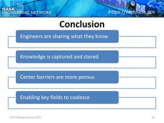 https://nen.nasa.gov

                             Conclusion
        Engineers are sharing what they know


        Knowledge is captured and stored


        Center barriers are more porous


        Enabling key fields to coalesce


PM Challenge February 2012                                       38
 