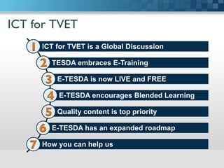 ICT for TVET	

ICT for TVET is a Global Discussion
TESDA embraces E-Training
E-TESDA is now LIVE and FREE
E-TESDA encourages Blended Learning
Quality content is top priority
E-TESDA has an expanded roadmap
How you can help us
1	

2	

3	

4	

5	

6	

7	

 