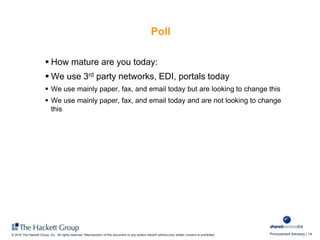 Procurement Advisory | 14© 2016 The Hackett Group, Inc. All rights reserved. Reproduction of this document or any portion thereof without prior written consent is prohibited.
Poll
 How mature are you today:
 We use 3rd party networks, EDI, portals today
 We use mainly paper, fax, and email today but are looking to change this
 We use mainly paper, fax, and email today and are not looking to change
this
 