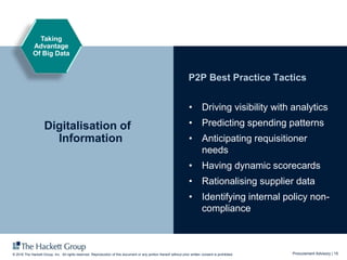 Procurement Advisory | 15© 2016 The Hackett Group, Inc. All rights reserved. Reproduction of this document or any portion thereof without prior written consent is prohibited.
• Driving visibility with analytics
• Predicting spending patterns
• Anticipating requisitioner
needs
• Having dynamic scorecards
• Rationalising supplier data
• Identifying internal policy non-
compliance
P2P Best Practice Tactics
Digitalisation of
Information
Taking
Advantage
Of Big Data
 