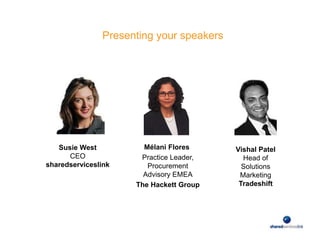 Presenting your speakers
Susie West
CEO
sharedserviceslink
Mélani Flores
Practice Leader,
Procurement
Advisory EMEA
The Hackett Group
Vishal Patel
Head of
Solutions
Marketing
Tradeshift
 